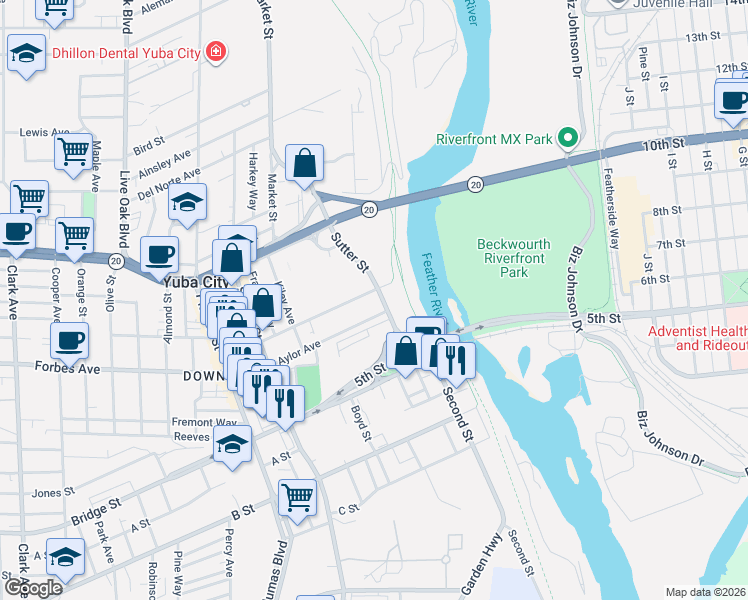 map of restaurants, bars, coffee shops, grocery stores, and more near 667 Sutter Street in Yuba City