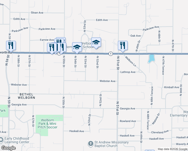 map of restaurants, bars, coffee shops, grocery stores, and more near 5224 Webster Avenue in Kansas City