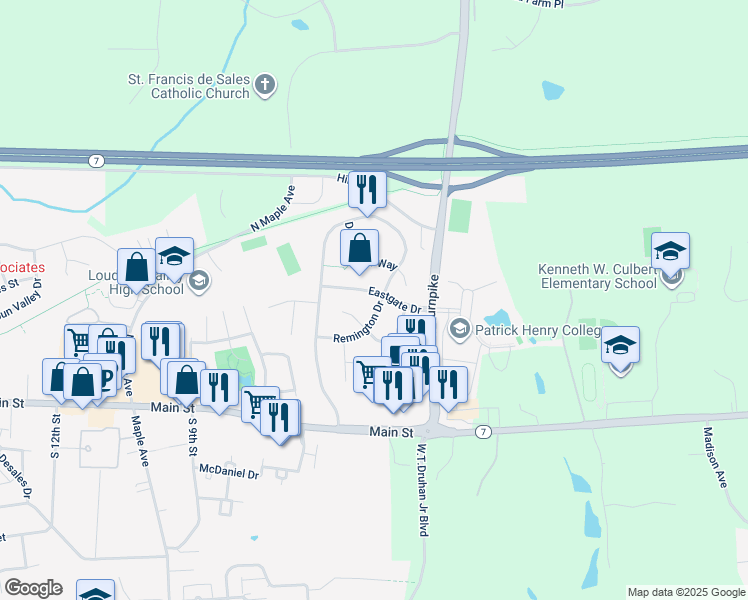 map of restaurants, bars, coffee shops, grocery stores, and more near 37831 Remington Drive in Purcellville