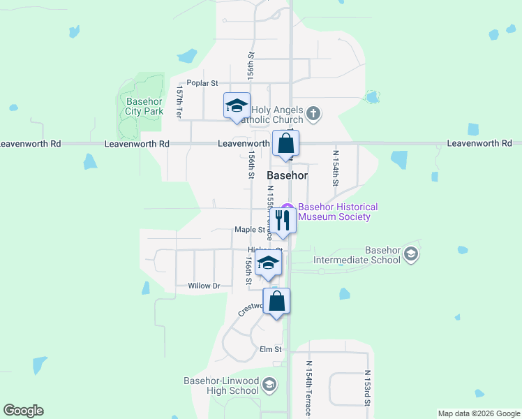 map of restaurants, bars, coffee shops, grocery stores, and more near 2813 North 155th Terrace in Basehor