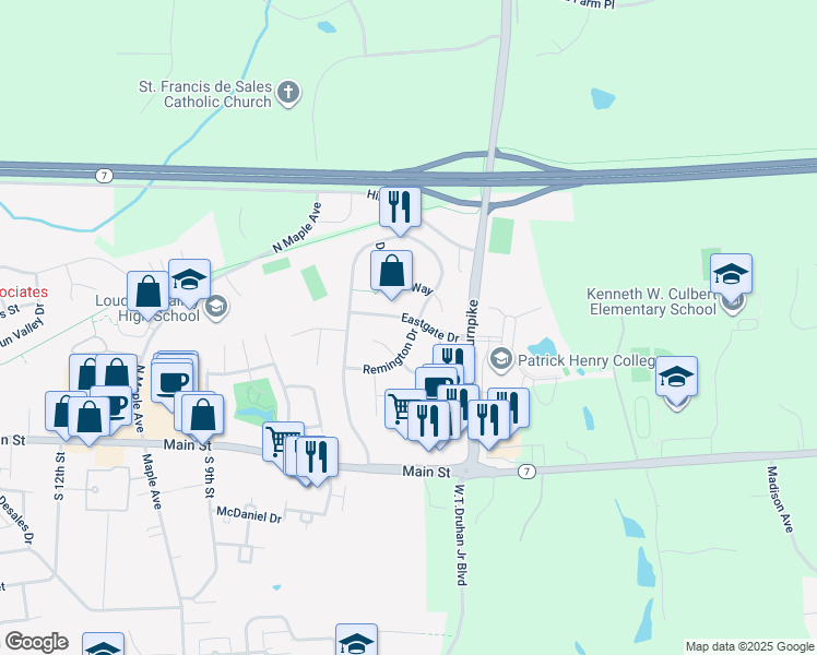 map of restaurants, bars, coffee shops, grocery stores, and more near 37831 Remington Drive in Purcellville