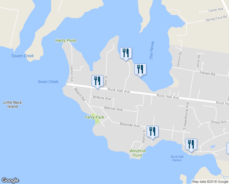 map of restaurants, bars, coffee shops, grocery stores, and more near 20745 Rock Hall Avenue in Rock Hall