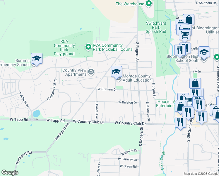 map of restaurants, bars, coffee shops, grocery stores, and more near 811 West Graham Drive in Bloomington
