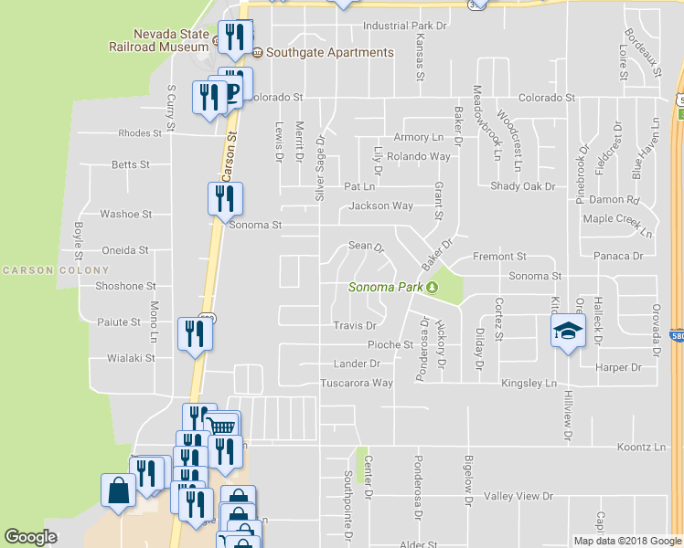 map of restaurants, bars, coffee shops, grocery stores, and more near 3083 Doubletree Lane in Carson City