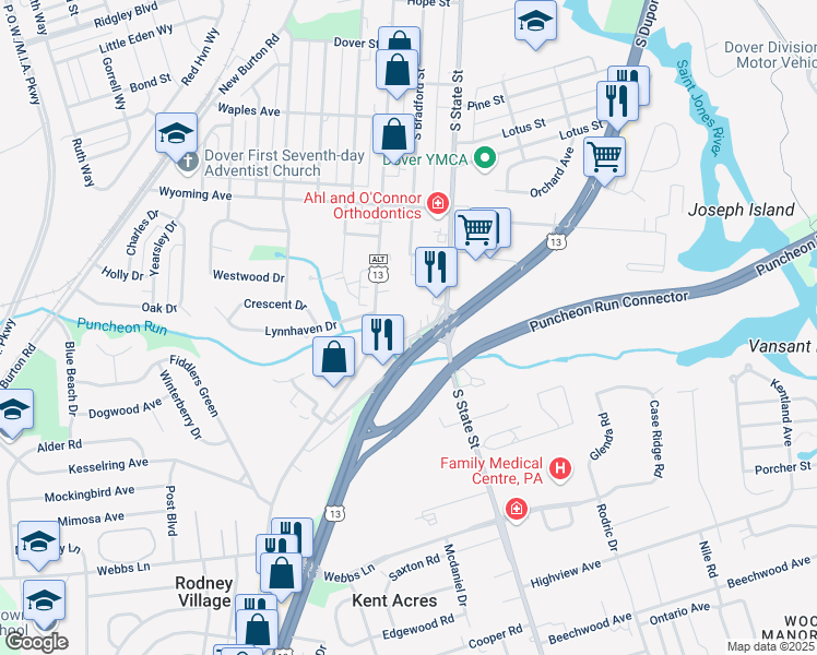 map of restaurants, bars, coffee shops, grocery stores, and more near 1306 South Dupont Highway in Dover