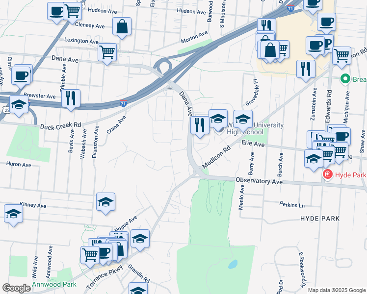 map of restaurants, bars, coffee shops, grocery stores, and more near 2343 Vista Place in Cincinnati