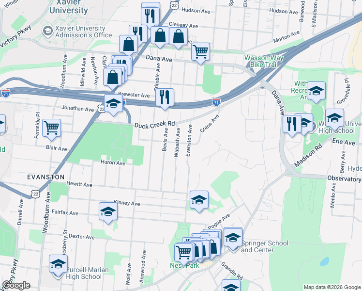 map of restaurants, bars, coffee shops, grocery stores, and more near 3433 Evanston Avenue in Cincinnati
