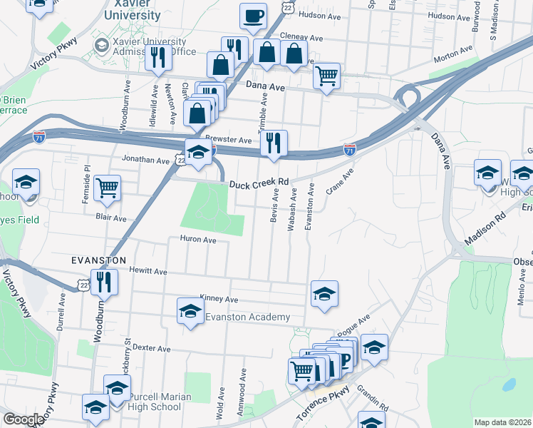 map of restaurants, bars, coffee shops, grocery stores, and more near 3430 Trimble Avenue in Cincinnati