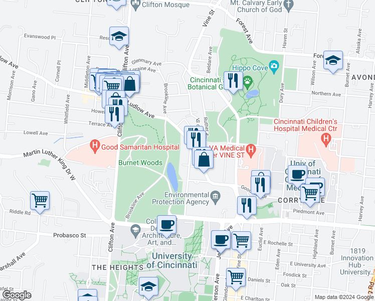 map of restaurants, bars, coffee shops, grocery stores, and more near 3239 Jefferson Avenue in Cincinnati