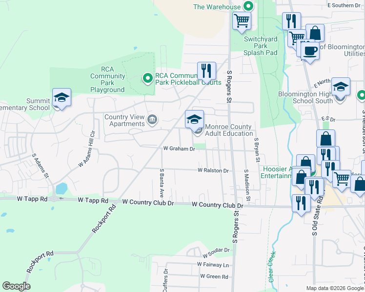 map of restaurants, bars, coffee shops, grocery stores, and more near 811 West Graham Drive in Bloomington
