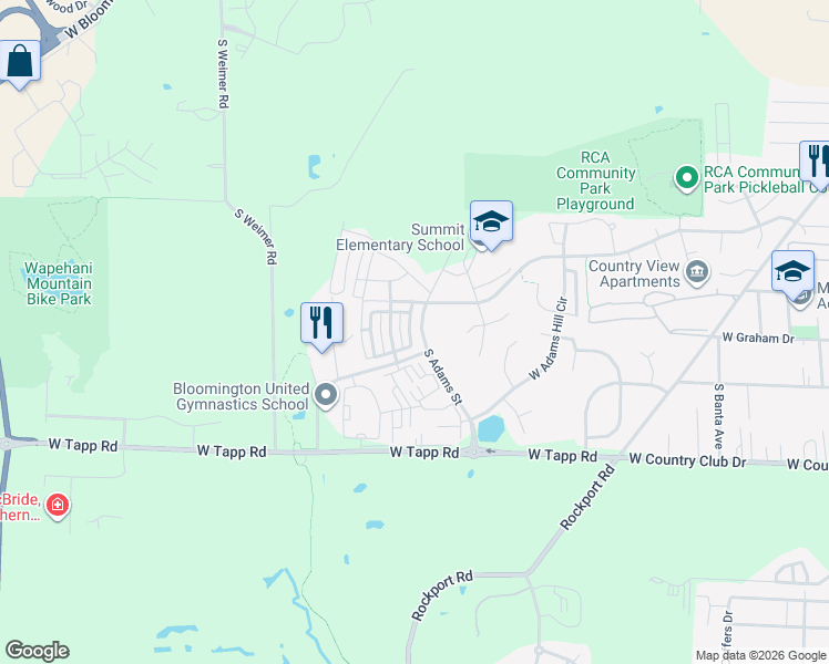map of restaurants, bars, coffee shops, grocery stores, and more near 2655 South Adams Street in Bloomington