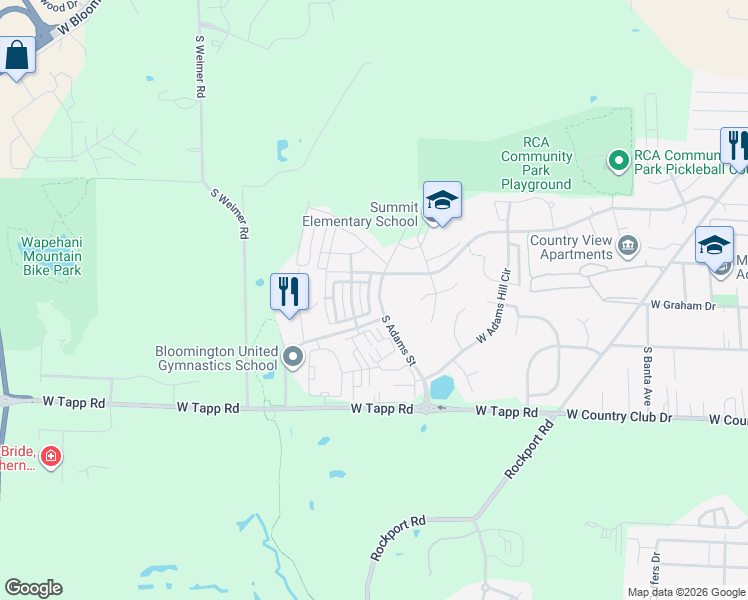 map of restaurants, bars, coffee shops, grocery stores, and more near 2655 South Adams Street in Bloomington