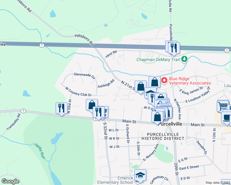 map of restaurants, bars, coffee shops, grocery stores, and more near 404 Yorkshire Ridge Ct in Purcellville