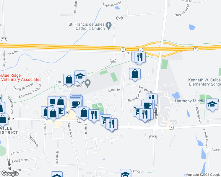 map of restaurants, bars, coffee shops, grocery stores, and more near 37752 Sutton Drive in Purcellville