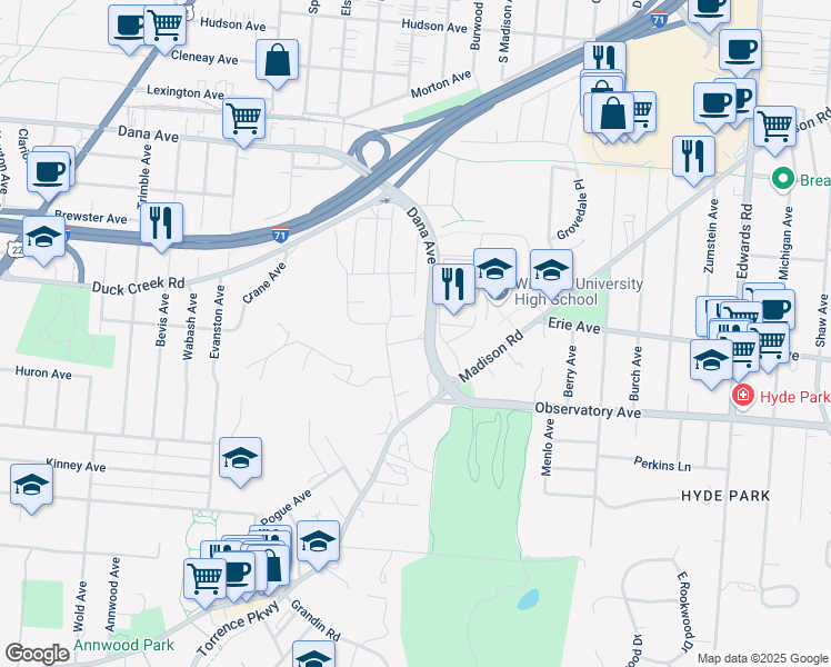 map of restaurants, bars, coffee shops, grocery stores, and more near 2352 Vista Place in Cincinnati