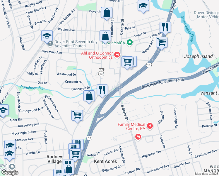 map of restaurants, bars, coffee shops, grocery stores, and more near 1306 South Dupont Highway in Dover