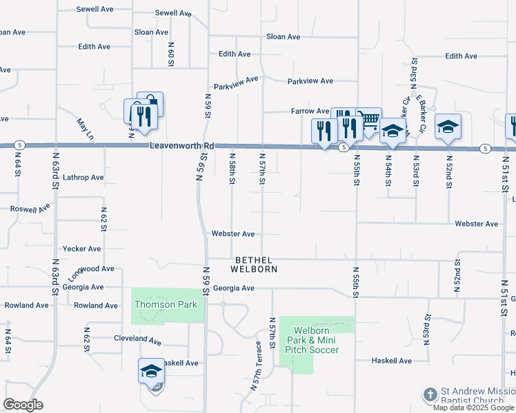 map of restaurants, bars, coffee shops, grocery stores, and more near 5702 Roswell Avenue in Kansas City