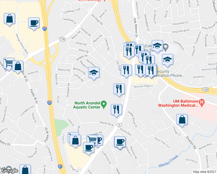 map of restaurants, bars, coffee shops, grocery stores, and more near 500 Marlboro Road in Glen Burnie