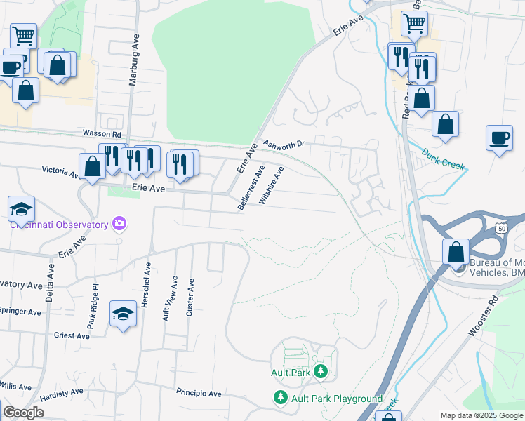 map of restaurants, bars, coffee shops, grocery stores, and more near 3701 Ault Park Avenue in Cincinnati