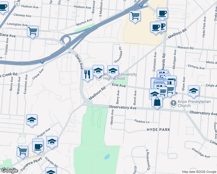 map of restaurants, bars, coffee shops, grocery stores, and more near 2493 Madison Road in Cincinnati