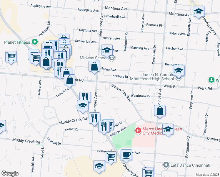 map of restaurants, bars, coffee shops, grocery stores, and more near 3353 Queen City Avenue in Cincinnati