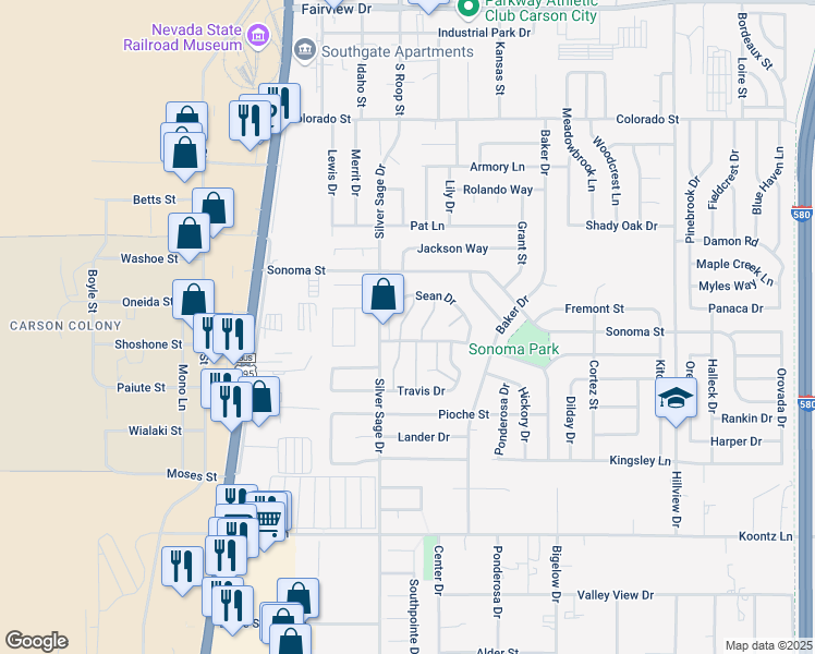 map of restaurants, bars, coffee shops, grocery stores, and more near 575 Stafford Way in Carson City