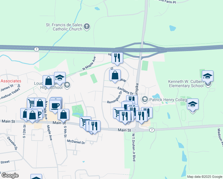 map of restaurants, bars, coffee shops, grocery stores, and more near 37783 Eastgate Drive in Purcellville