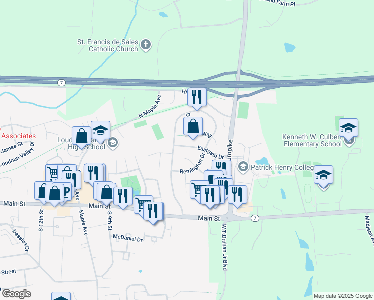 map of restaurants, bars, coffee shops, grocery stores, and more near 37783 Eastgate Drive in Purcellville