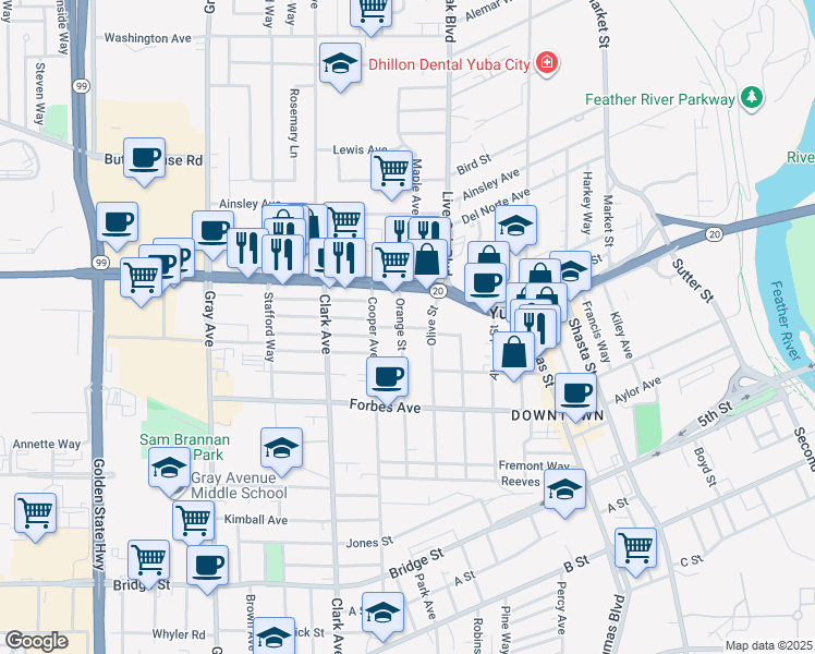 map of restaurants, bars, coffee shops, grocery stores, and more near 862 Orange Street in Yuba City