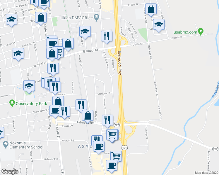 map of restaurants, bars, coffee shops, grocery stores, and more near 38 Lorraine Street in Ukiah