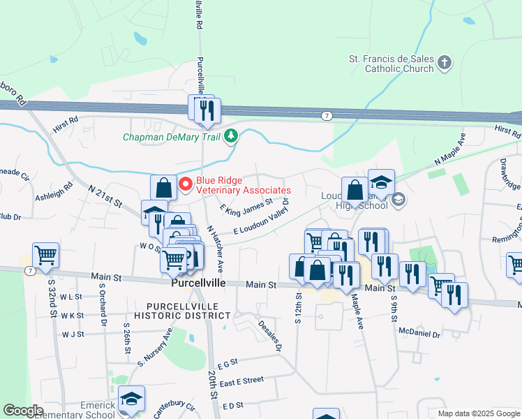 map of restaurants, bars, coffee shops, grocery stores, and more near 248 East King James Street in Purcellville