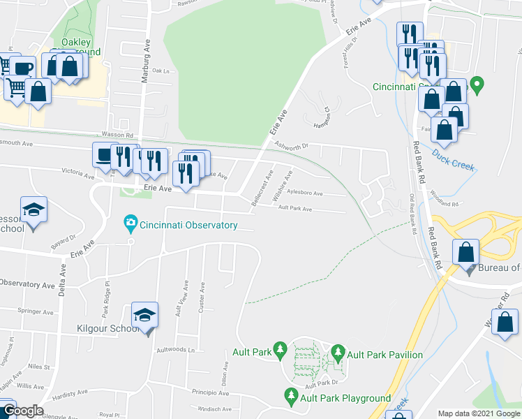 map of restaurants, bars, coffee shops, grocery stores, and more near 3701 Ault Park Avenue in Cincinnati