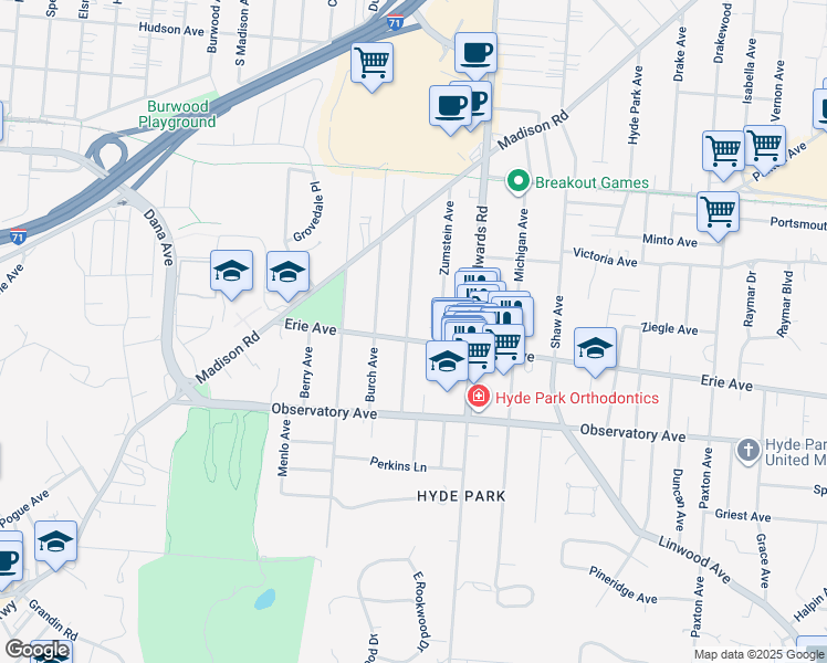 map of restaurants, bars, coffee shops, grocery stores, and more near 2603 Erie Avenue in Cincinnati