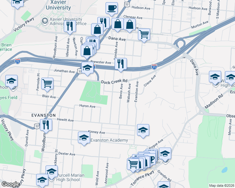 map of restaurants, bars, coffee shops, grocery stores, and more near 3430 Trimble Avenue in Cincinnati