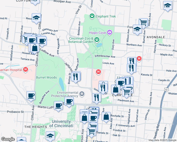 map of restaurants, bars, coffee shops, grocery stores, and more near 3246 Glendora Avenue in Cincinnati