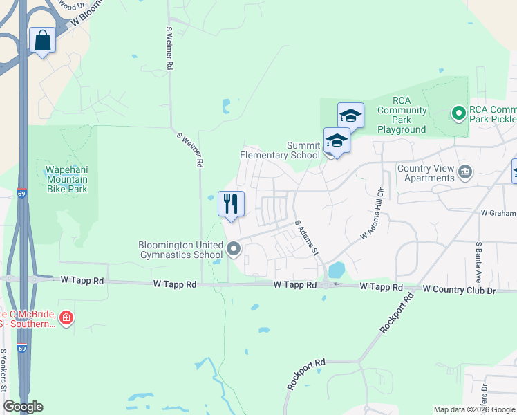 map of restaurants, bars, coffee shops, grocery stores, and more near 1808 West Sunstone Drive in Bloomington