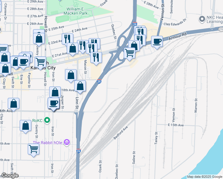 map of restaurants, bars, coffee shops, grocery stores, and more near 1799 Railroad Avenue in North Kansas City