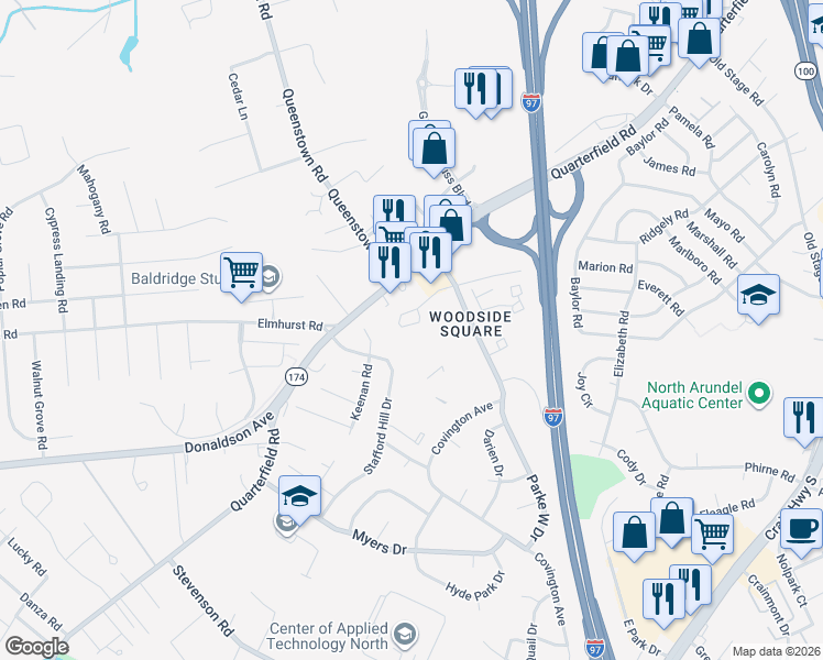 map of restaurants, bars, coffee shops, grocery stores, and more near 225 Jenkins Way in Glen Burnie