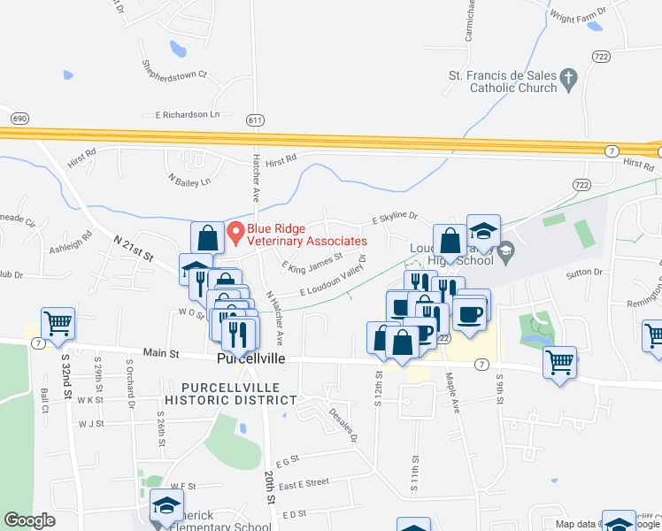 map of restaurants, bars, coffee shops, grocery stores, and more near 248 East King James Street in Purcellville