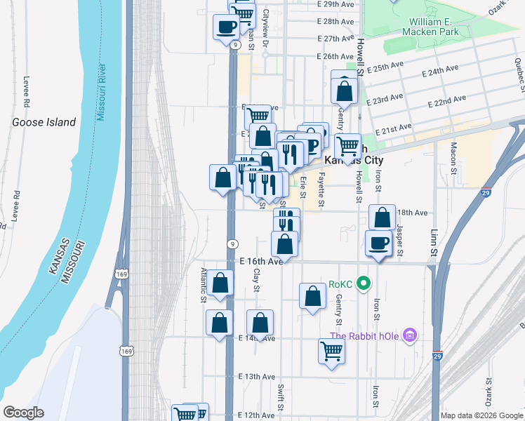 map of restaurants, bars, coffee shops, grocery stores, and more near 215 East 18th Avenue in North Kansas City