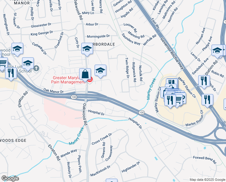 map of restaurants, bars, coffee shops, grocery stores, and more near 160 Funke Road in Glen Burnie