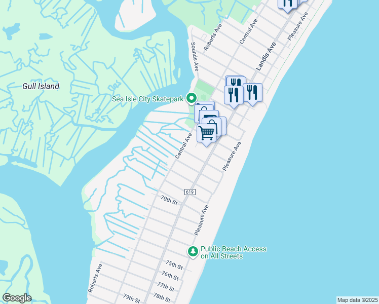 map of restaurants, bars, coffee shops, grocery stores, and more near 6312 Emmeus Road in Sea Isle City