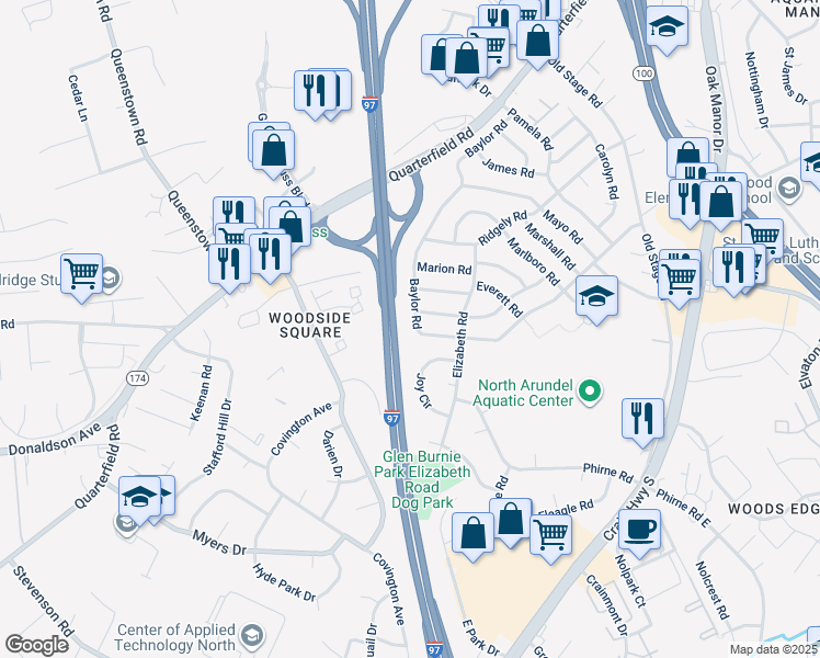 map of restaurants, bars, coffee shops, grocery stores, and more near 517 Baylor Road in Glen Burnie