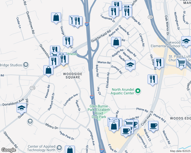 map of restaurants, bars, coffee shops, grocery stores, and more near 517 Baylor Road in Glen Burnie