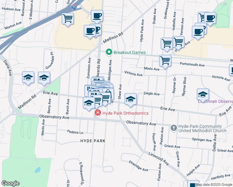 map of restaurants, bars, coffee shops, grocery stores, and more near 3542 Michigan Avenue in Cincinnati