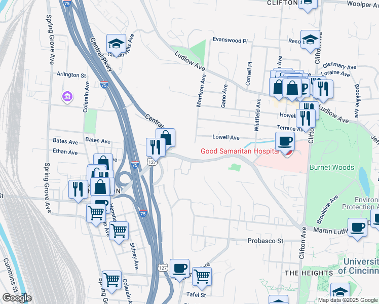 map of restaurants, bars, coffee shops, grocery stores, and more near 605 Lowell Avenue in Cincinnati