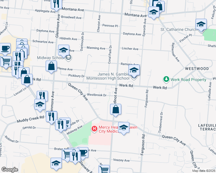 map of restaurants, bars, coffee shops, grocery stores, and more near 3111 Pickbury Drive in Cincinnati