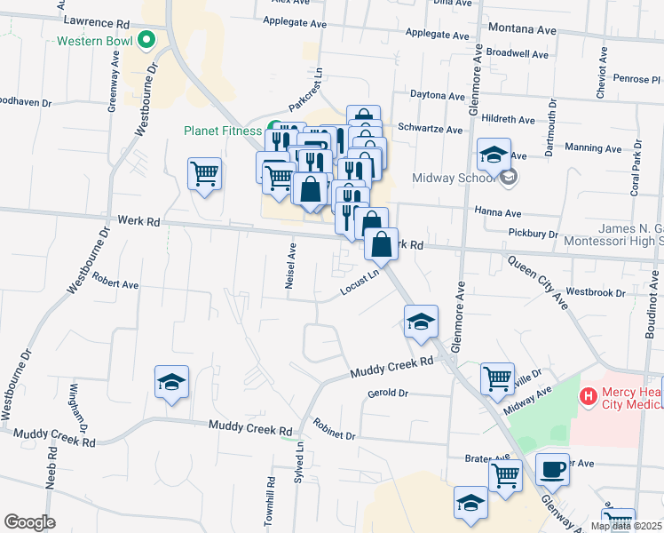 map of restaurants, bars, coffee shops, grocery stores, and more near 3509 Werk Road in Cincinnati