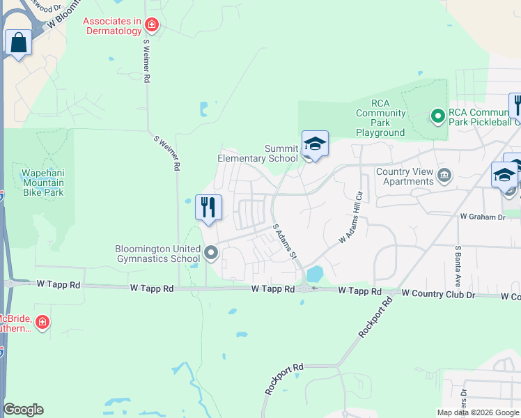 map of restaurants, bars, coffee shops, grocery stores, and more near 1720 West Eventide Drive in Bloomington