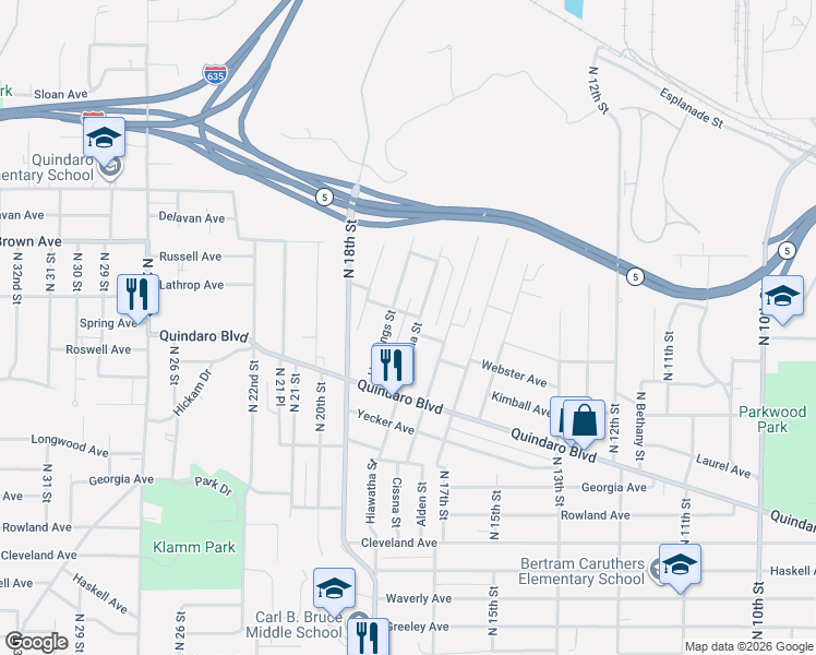 map of restaurants, bars, coffee shops, grocery stores, and more near 3010 Hiawatha Street in Kansas City